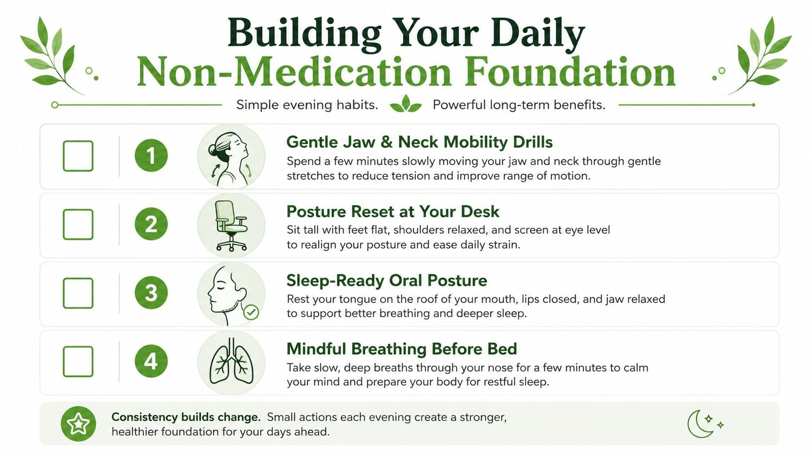 An infographic titled Building Your Daily Non-Medication Foundation with four numbered steps for improving health habits.