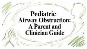 Cover illustration for a guide: 'Pediatric Airway Obstruction: A Parent and Clinician Guide' with green sketches of hands and a child's profile around the text.