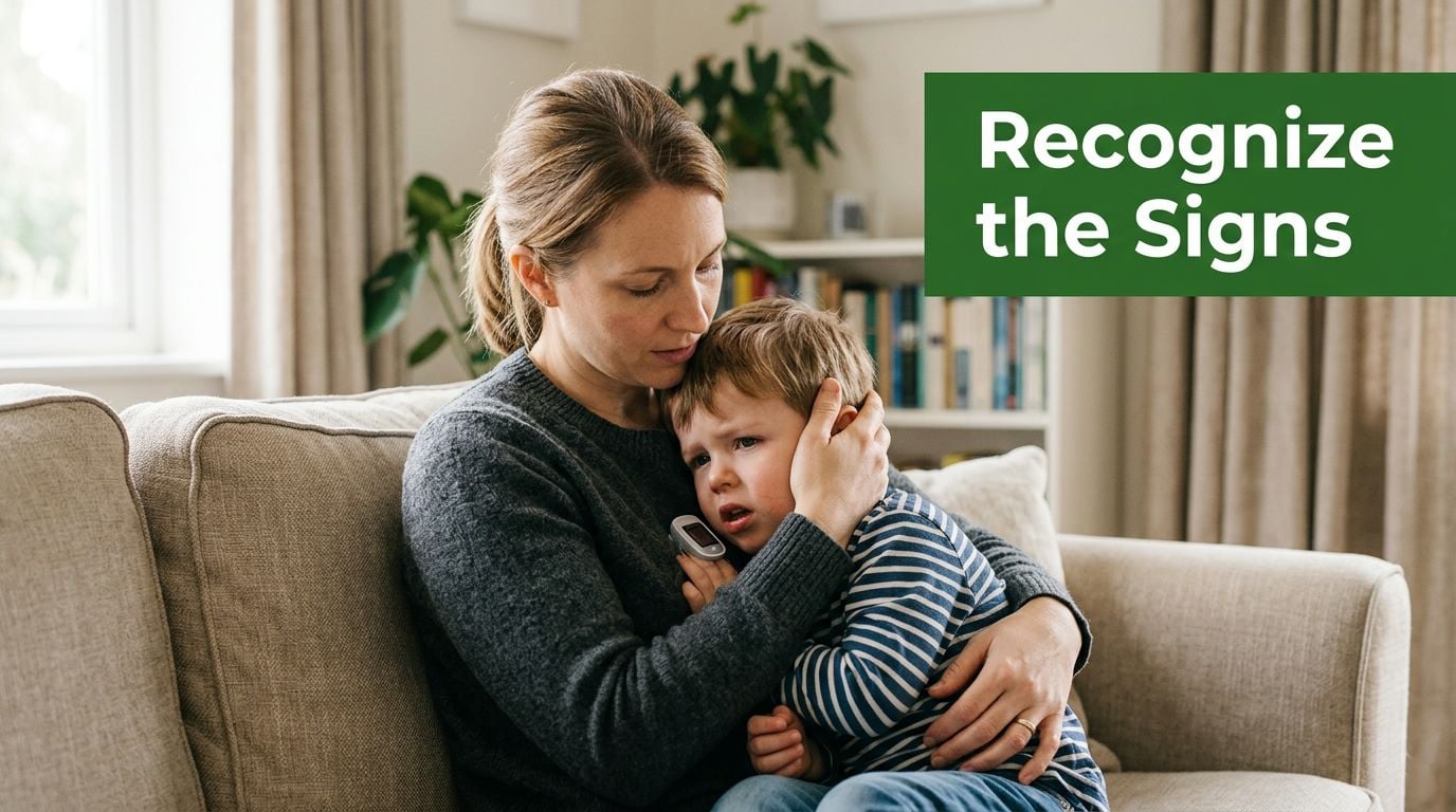 A concerned mother holding her sick, young son who appears to be having difficulty breathing while resting.