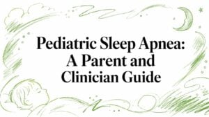 Pediatric Sleep Apnea: A Parent and Clinician Guide, framed by green doodles and a sleeping baby illustration in the corner