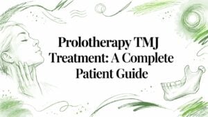 prolotherapy-tmj-treatment-jawbone - Pain and Sleep Center | Charlotte, NC Green sketch-style cover with a profile of a woman's face and jaw, plus a skull, framing the title: 'Prolotherapy TMJ Treatment: A Complete Patient Guide'