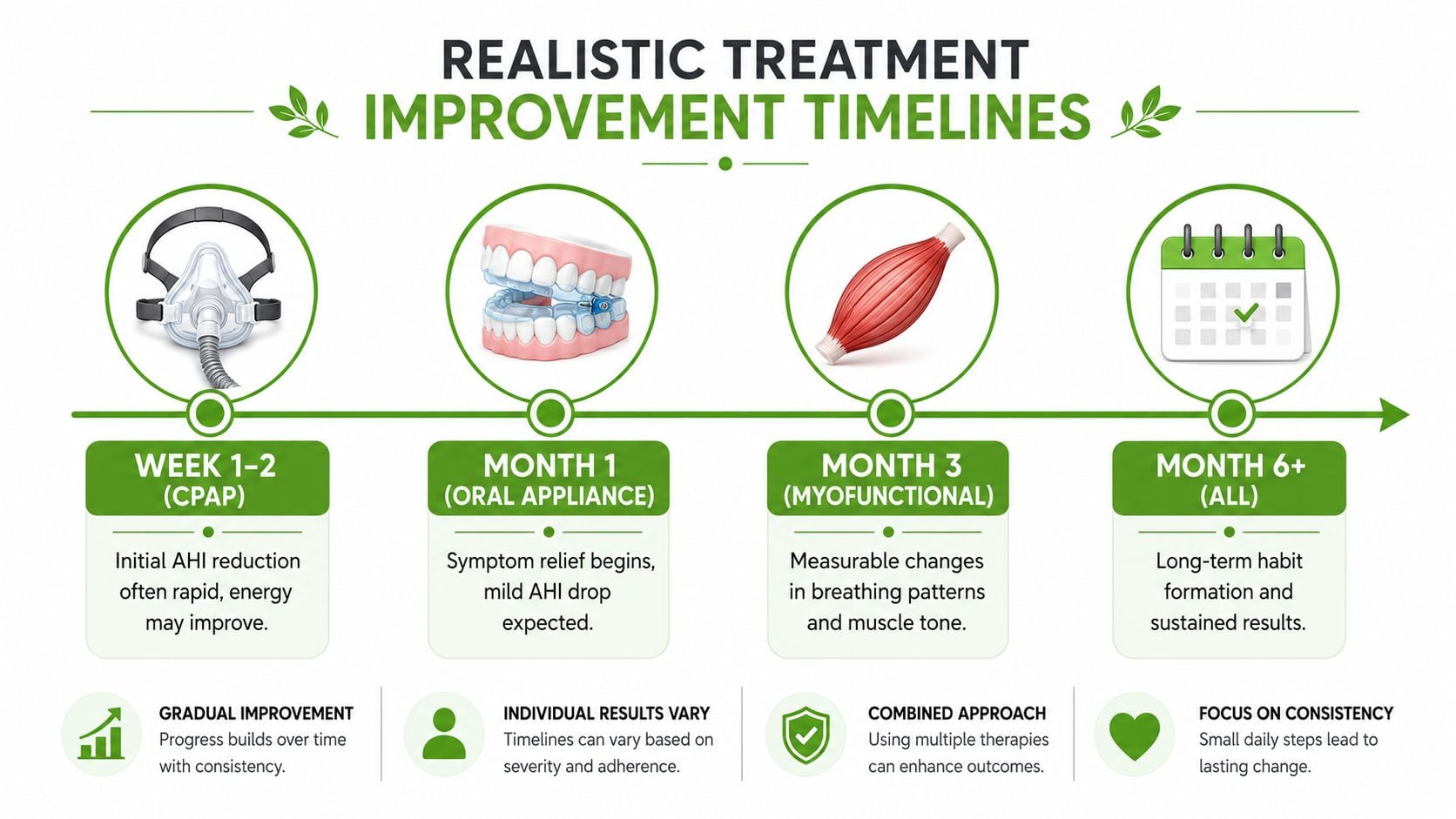A timeline graphic showing realistic treatment progress for sleep apnea using CPAP, oral appliances, and myofunctional therapy.