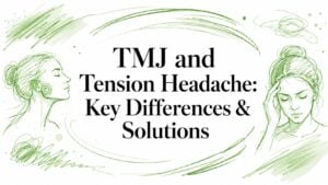 tmj-and-tension-headache-health-comparison - Pain and Sleep Center | Charlotte, NC Graphic for an article: TMJ and tension headache differences and solutions, with green sketch silhouettes framing the title