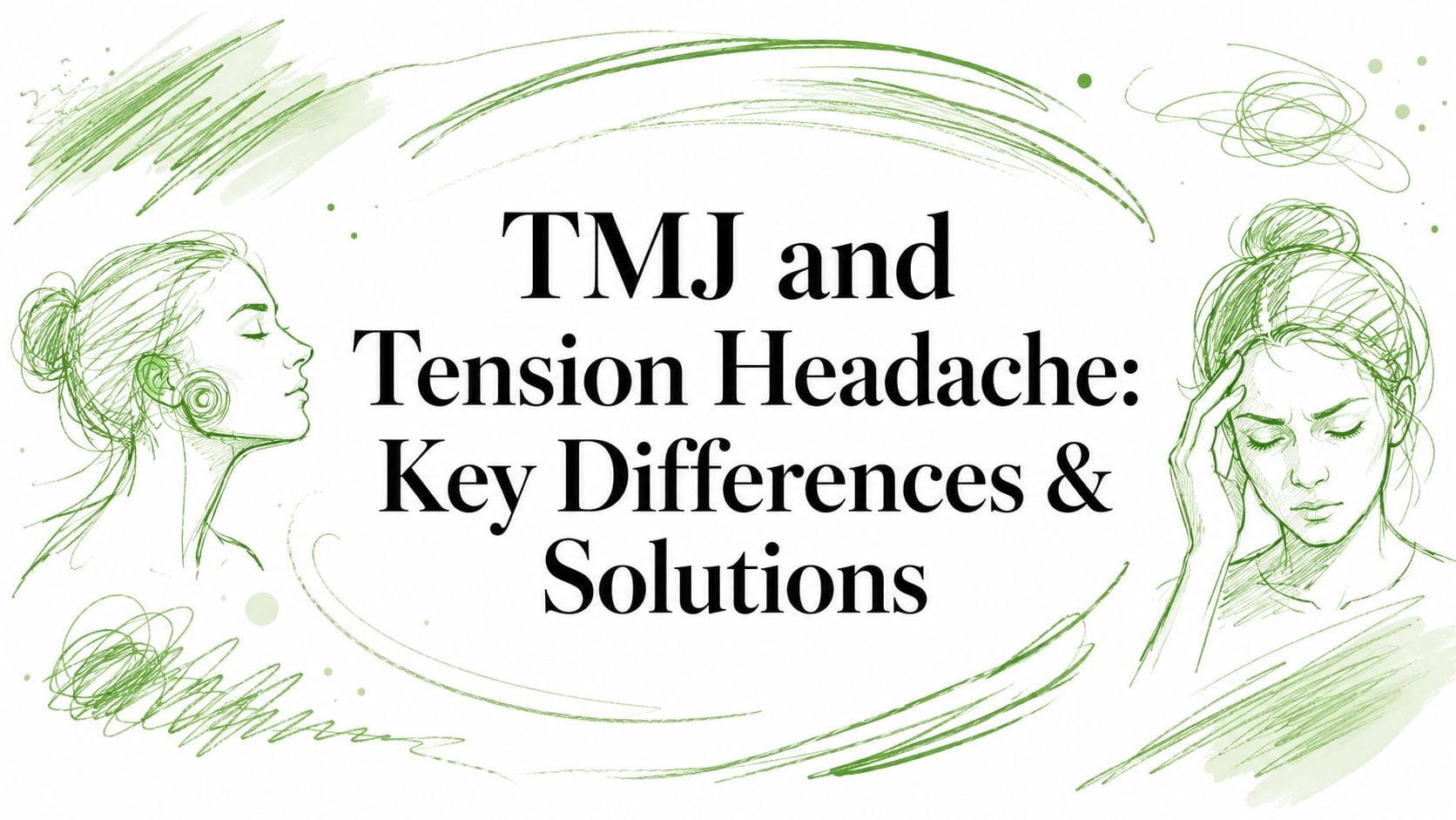 Graphic for an article: TMJ and tension headache differences and solutions, with green sketch silhouettes framing the title