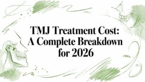 Graphic banner with green skeletal jaw illustrations framing the bold title: 'TMJ Treatment Cost: A Complete Breakdown for 2026'.
