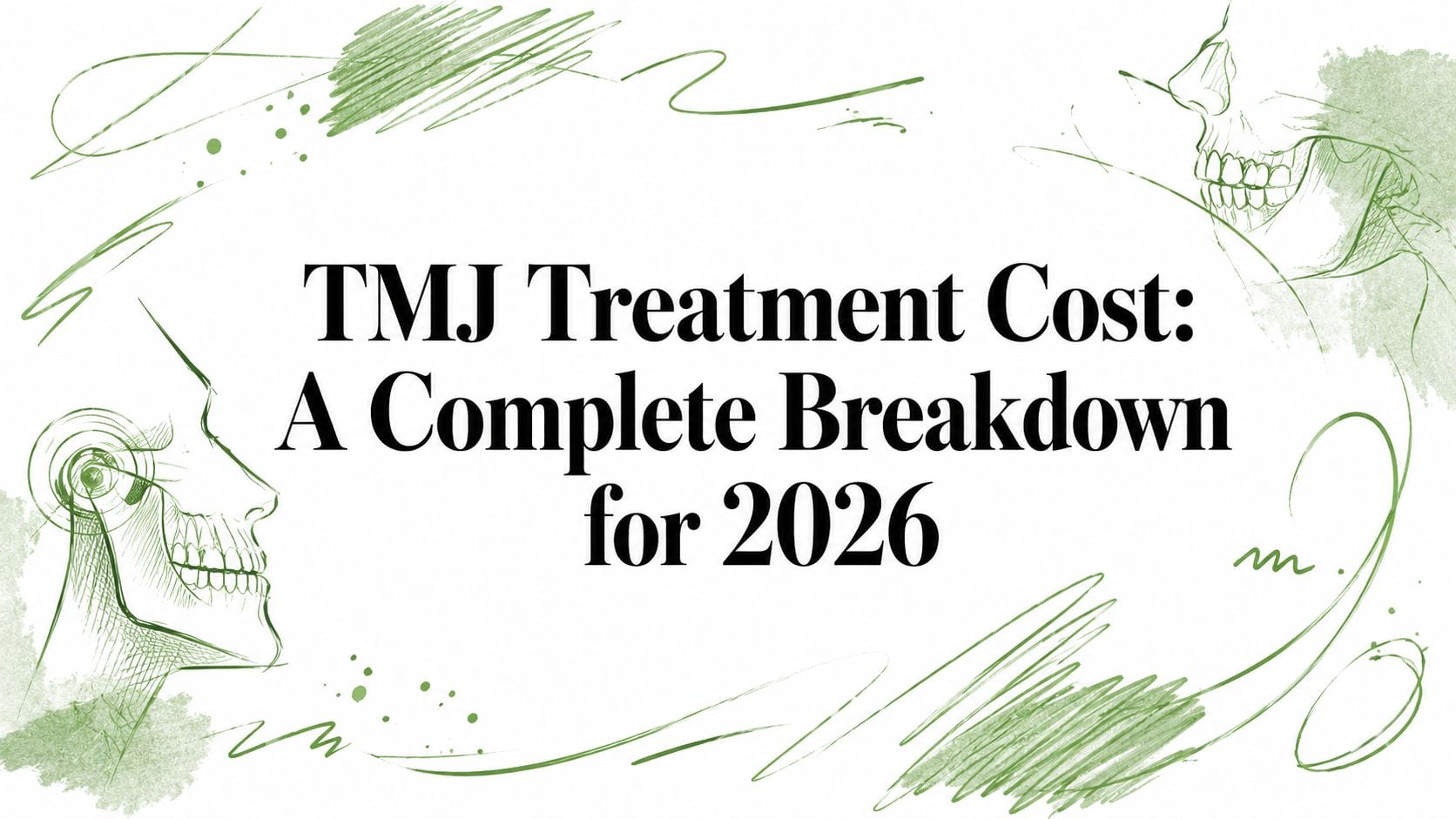 Graphic banner with green skeletal jaw illustrations framing the bold title: 'TMJ Treatment Cost: A Complete Breakdown for 2026'.