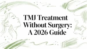Illustrated banner with a woman’s profile on the left and a skull on the right, centered bold title reads 'TMJ Treatment Without Surgery: A 2026 Guide'.