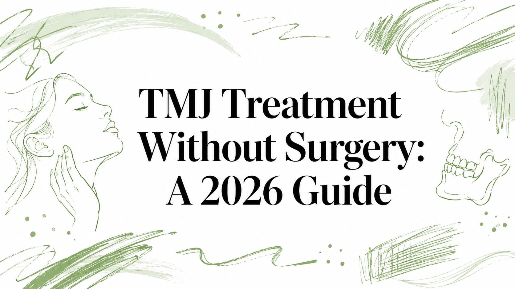 Illustrated banner with a woman’s profile on the left and a skull on the right, centered bold title reads 'TMJ Treatment Without Surgery: A 2026 Guide'.