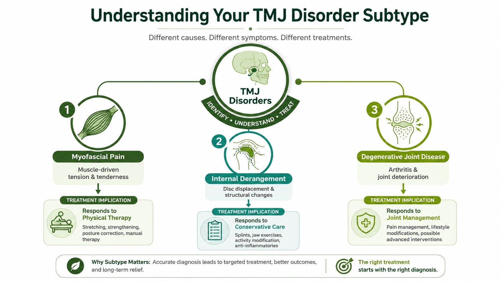 A medical infographic explaining three main TMJ disorder subtypes including myofascial pain, internal derangement, and degenerative joint disease.