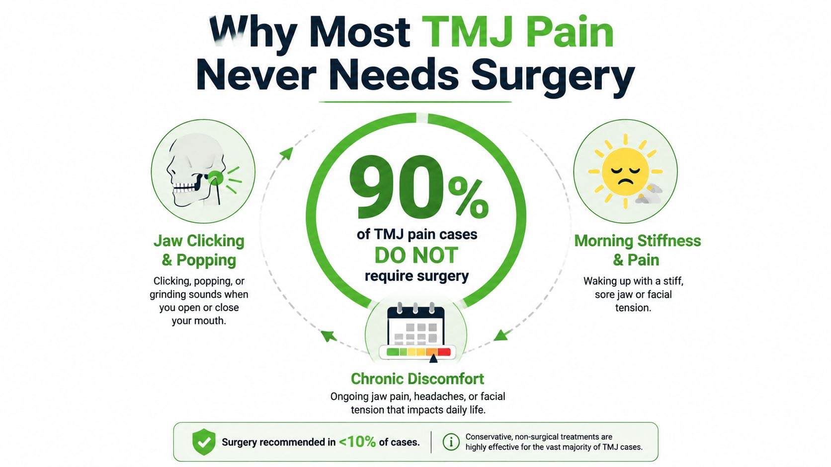An infographic explaining that 90 percent of TMJ pain cases can be treated without requiring surgery.