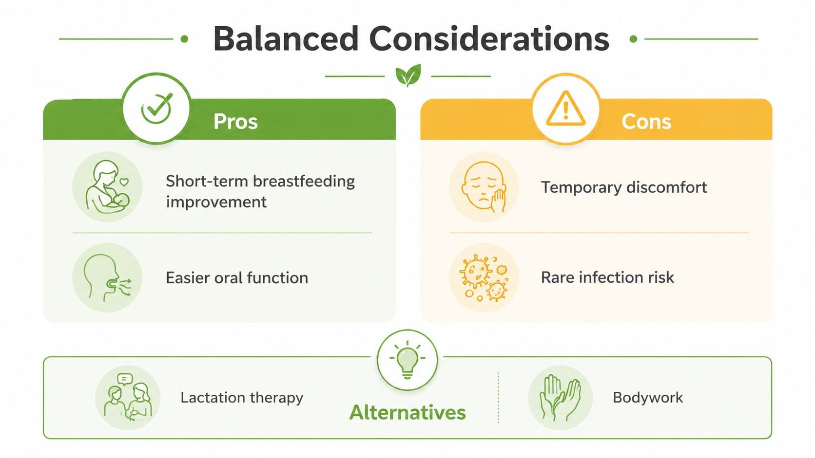 A balanced infographic highlighting the pros, cons, and alternative treatments for a tongue tie release procedure.