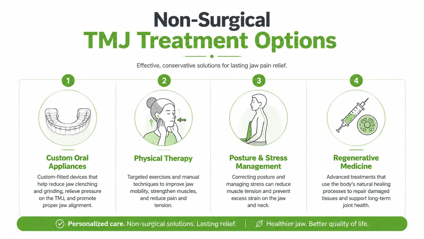 An infographic showing four non-surgical treatment options for TMJ including oral appliances, physical therapy, posture management, and regenerative medicine.